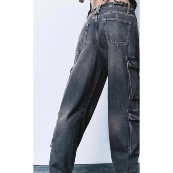 Zara Gray Wash Straight Wide Leg Cargo Pocket Jeans - Picture 3 of 15